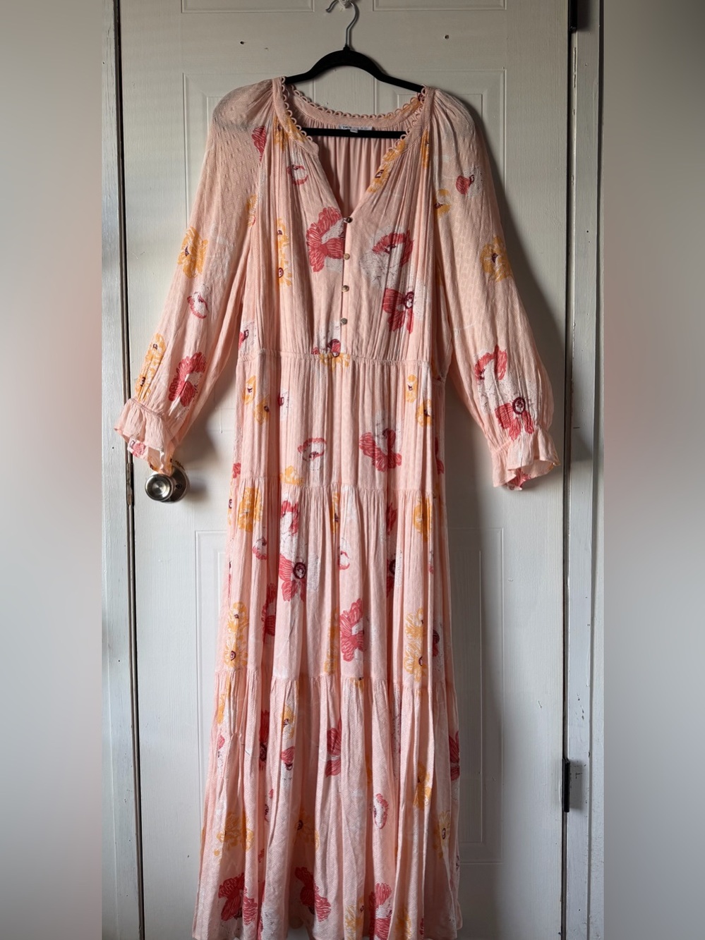 DR2 Pink Floral Maxi Dress with Red and Yellow Accents